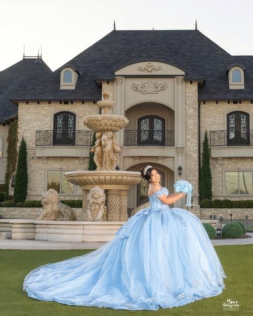 Quinceañera con vestido azul cielo frente a una fuente y una mansión
